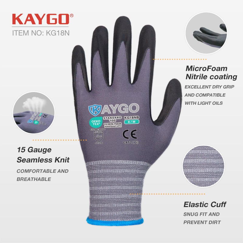 KAYGO Safety Work Gloves MicroFoam Nitrile Coated, 12 Pairs KG18NB,Seamless Knit Nylon Glove for Men and Women, Ideal for Automotive,Warehouse,Construction (2X-Large,Gray) - Image 2